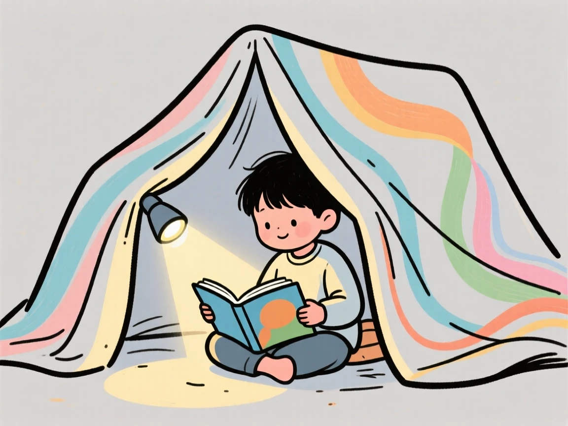 A child reading a picture book by flashlight inside a blanket fort.
