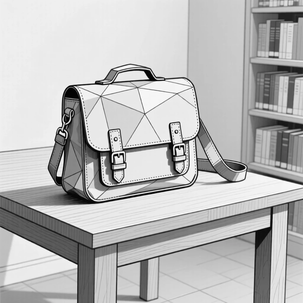 A leather satchel resting on a wooden library table