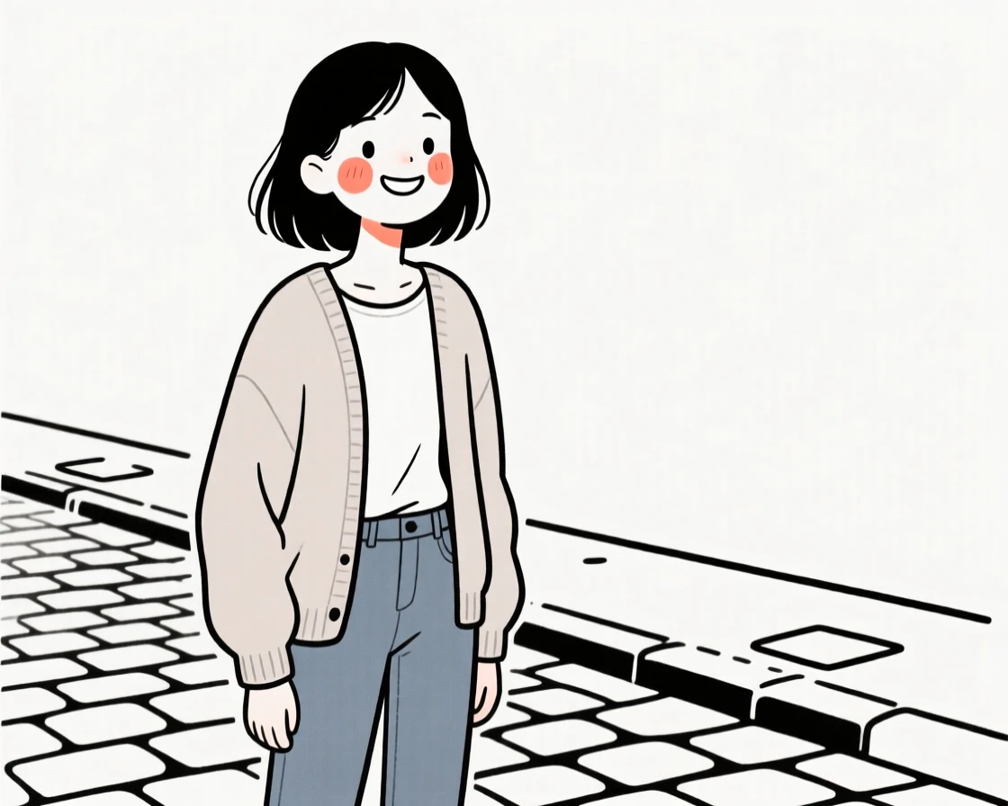 A confident teenager of French heritage in a soft cardigan and jeans, grinning mischievously, on a quiet cobblestone street.