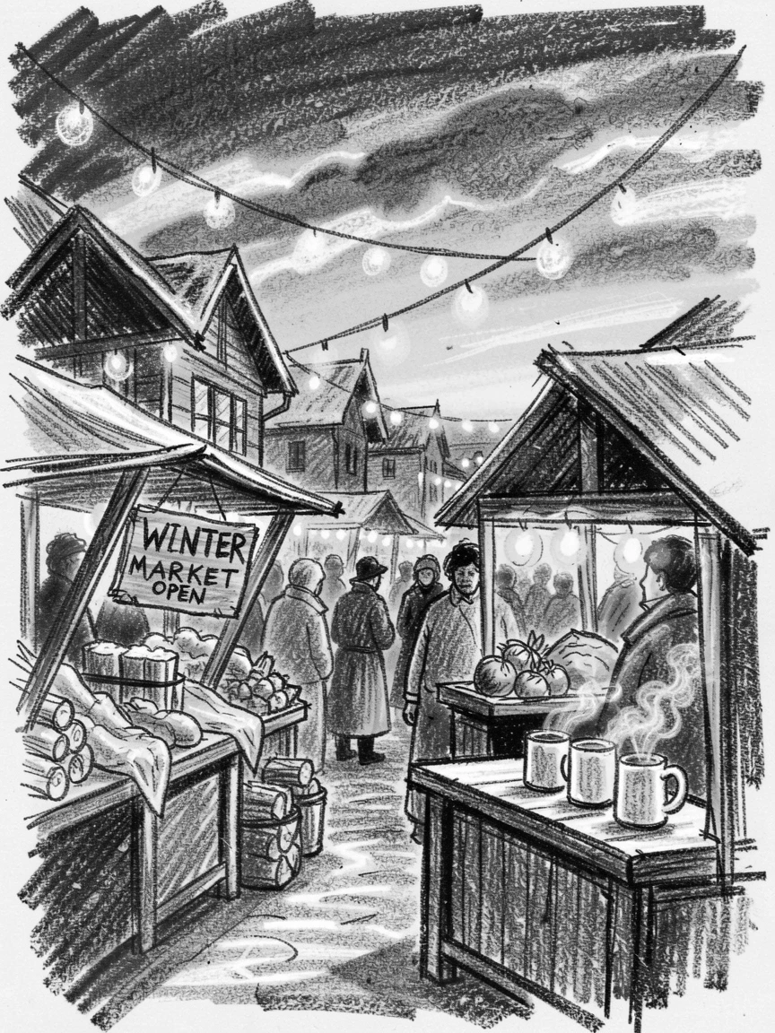 A winter market square filled with twinkling lights and stalls, beneath a sky streaked with sunset colors.