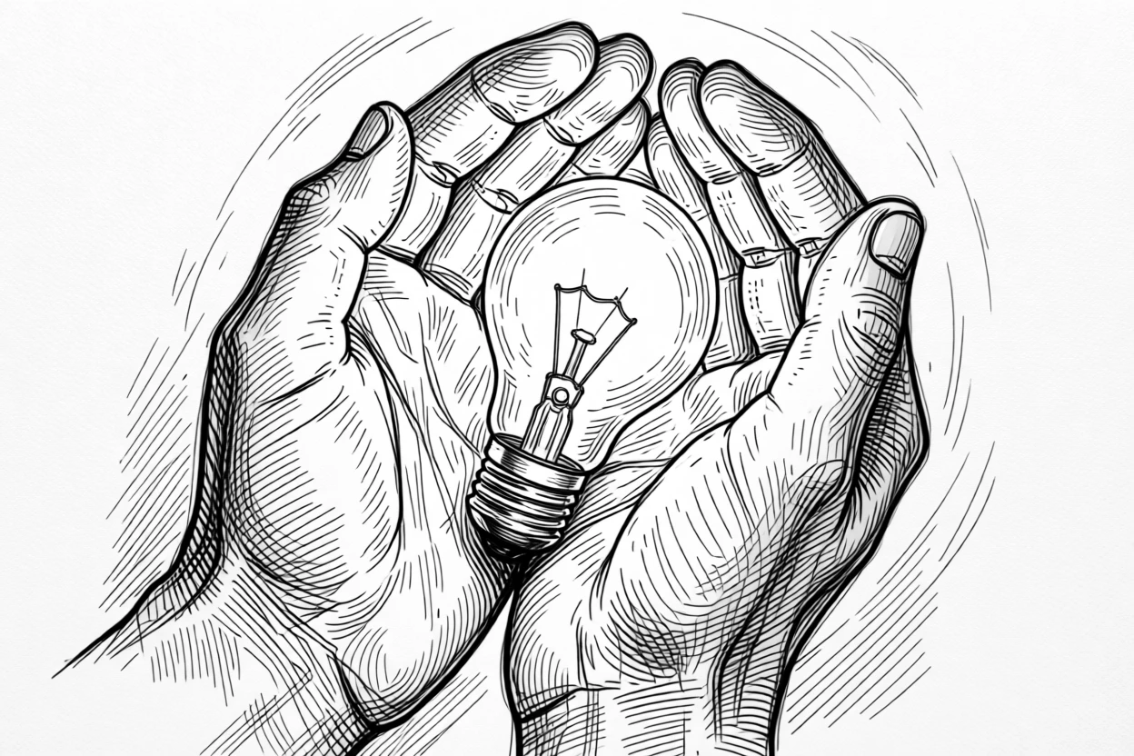 A pair of hands cradling a small glowing lightbulb, symbolizing new ideas.