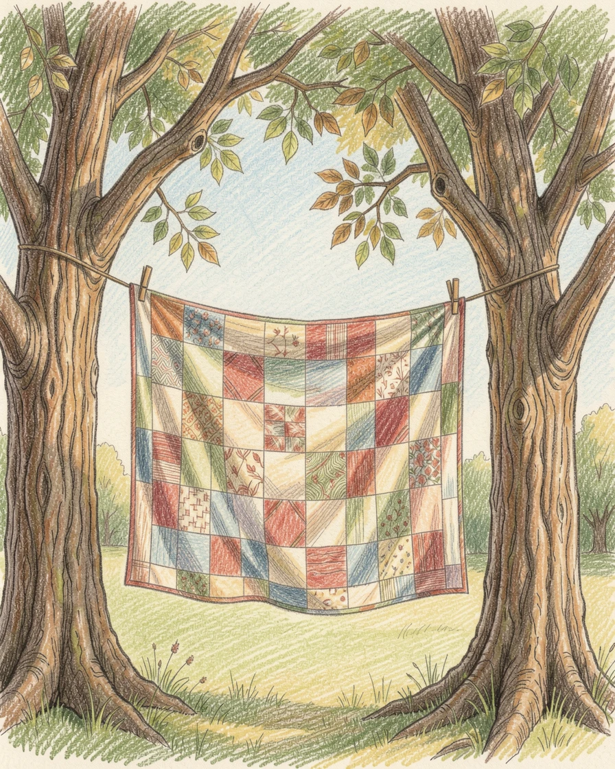 A rural farmhouse quilt airing on a line strung between two trees, with delicate details that reward a closer look, radiating comfort, joy, and quiet beauty.