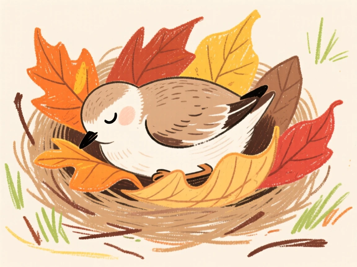 A sandpiper curling up in a nest of dry leaves for winter.