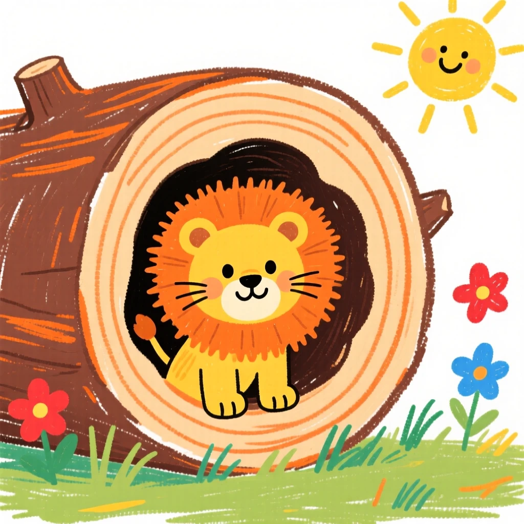 A fuzzy lion cub peeking out from a hollow log.