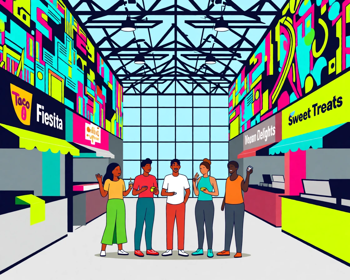 A group of friends at a lively food hall filled with diverse stalls, surrounded by colorful street art and modern architecture, composed with a candid, lifestyle-magazine feel, with vibrant, trendy colors that feel fresh and current.
