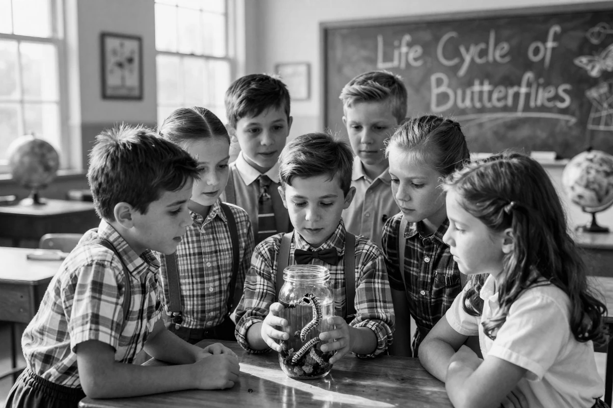 A group of schoolchildren examines a jar of caterpillars in a sunlit classroom.