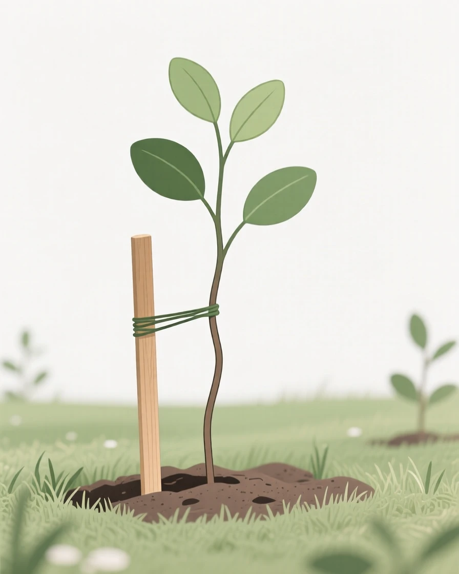 A tree sapling supported by a small wooden stake in a garden.