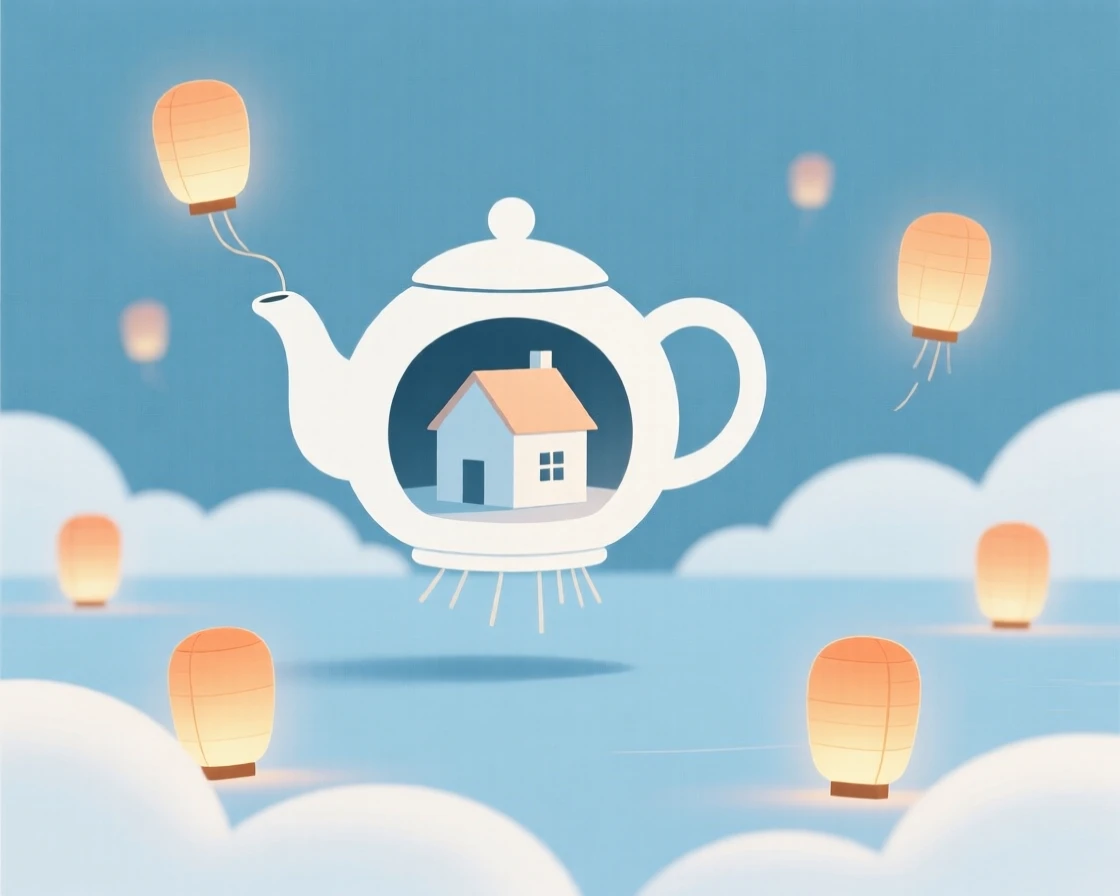 A tiny house built inside a teapot floating above a world made entirely of clouds, surrounded by floating lanterns, radiating whimsical fantasy.