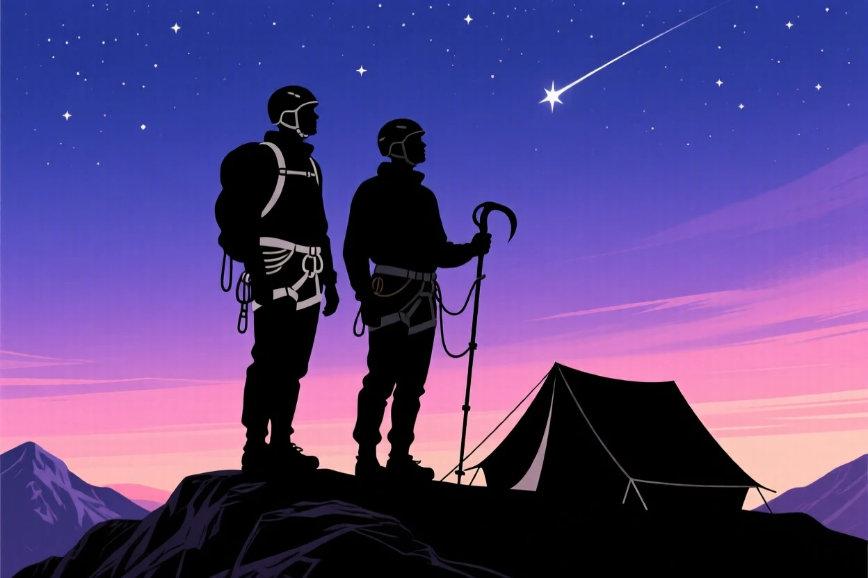A pair of climbers watching the stars emerge from a high mountain camp.
