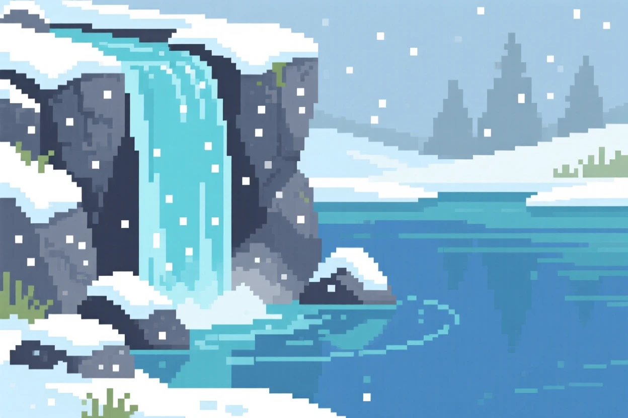 A quiet waterfall dusted with a light layer of fresh snow, beside a calm and glassy lake.