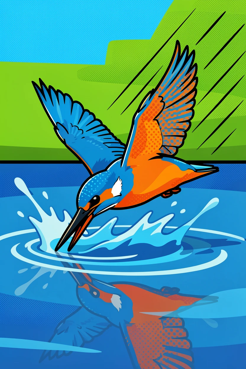 A kingfisher diving into a still river
