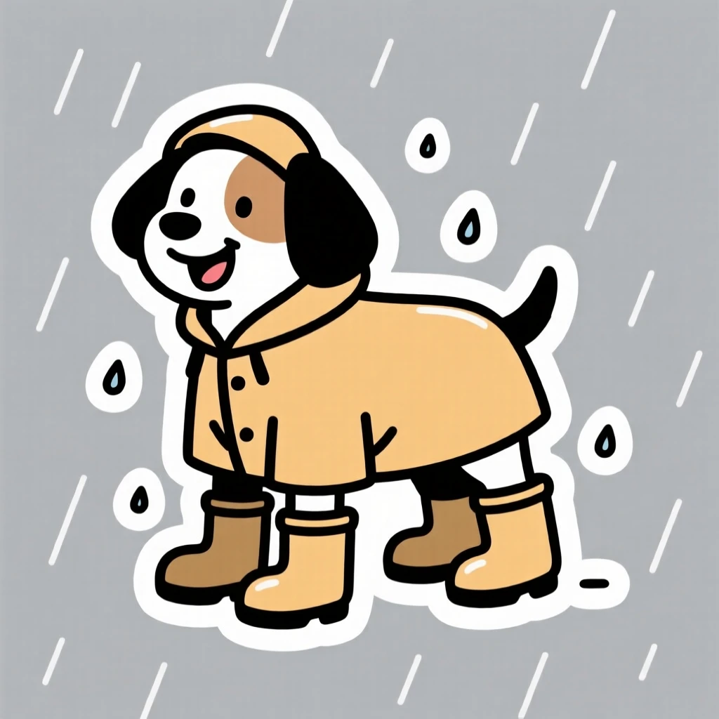 An effortlessly charming small dog wearing an oversized raincoat and boots, captured in a candid, feel-good moment, a simple moment that feels universally loved.