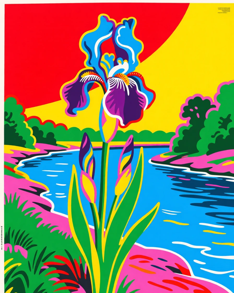 Wild iris blooming along a riverbank