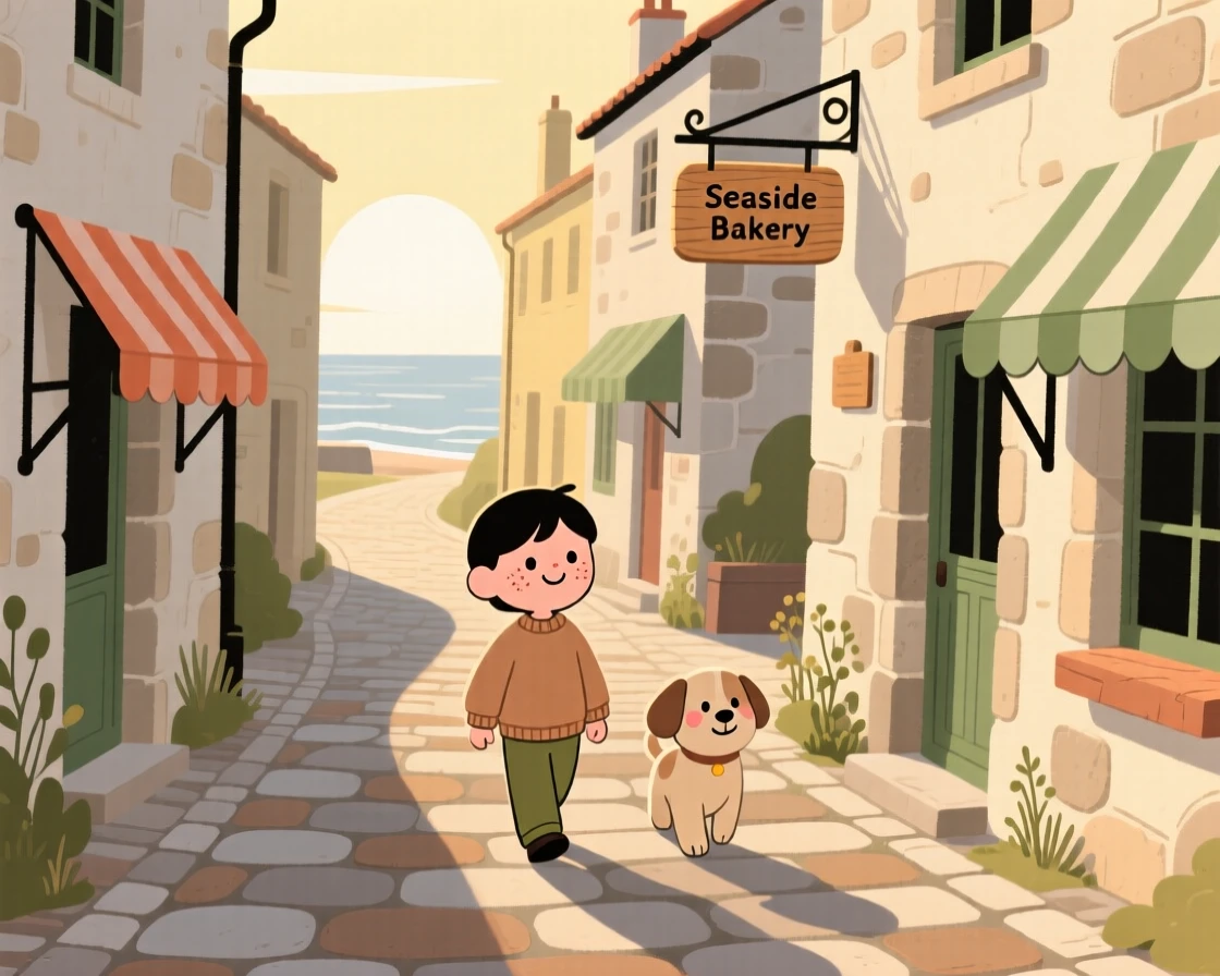 A sunlit alley winds through a small seaside village lined with stone cottages and striped awnings, quiet in the early morning light.