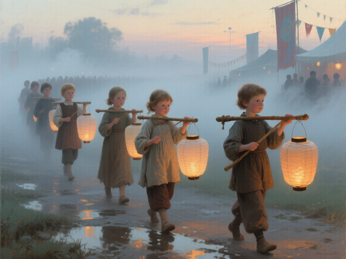 A centered composition of children carrying paper lanterns during an evening festival procession, in thick fog, at dawn.