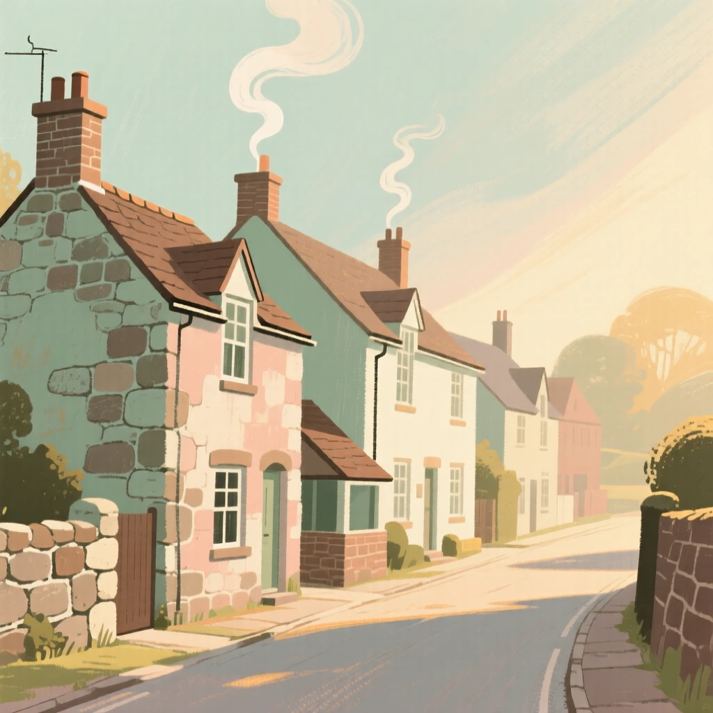 A quiet lane of stone cottages with smoke curling from chimneys
