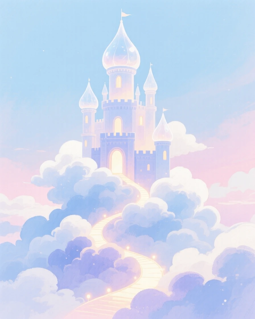 A dreamlike scene of a cloud castle, where every path glimmers faintly with light, inviting quiet wonder and imagination