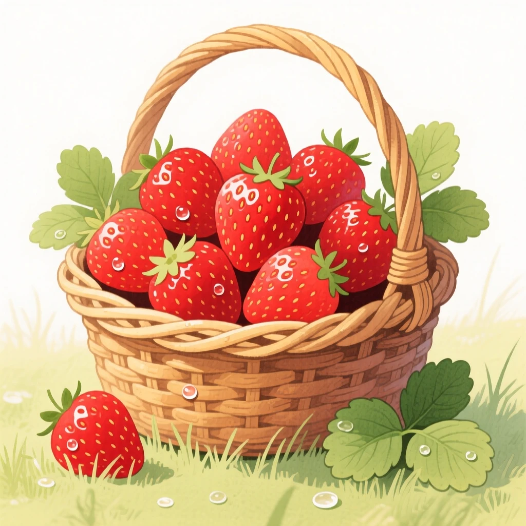 A basket overflowing with ripe strawberries glistening with morning dew.