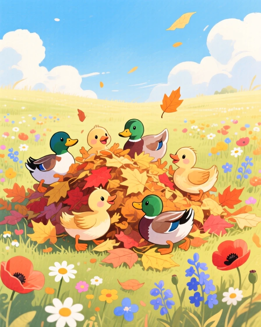 A family of ducklings playing in a pile of crunchy autumn leaves, set in a meadow bursting with wildflowers under a blue sky, full of playful curiosity.