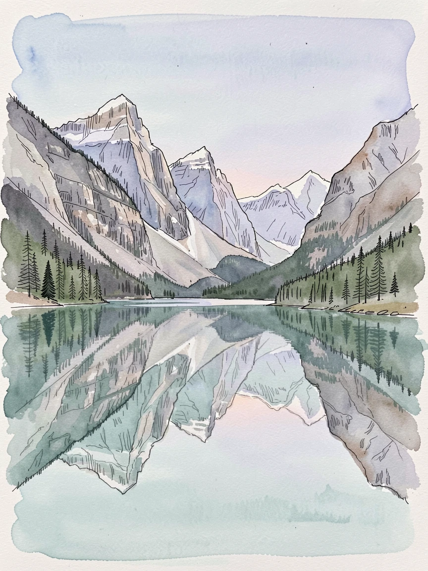 A quiet mountain lake perfectly mirroring the surrounding peaks at dawn, the air still and cool with the promise of a new day.