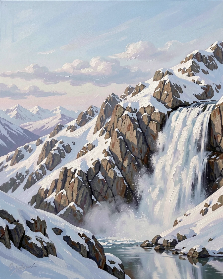 A rugged alpine ridge dusted with fresh snow, wisps of cloud drifting silently through the passes, beside a thundering waterfall fed by melting snow, in the soft blue light just before dawn.