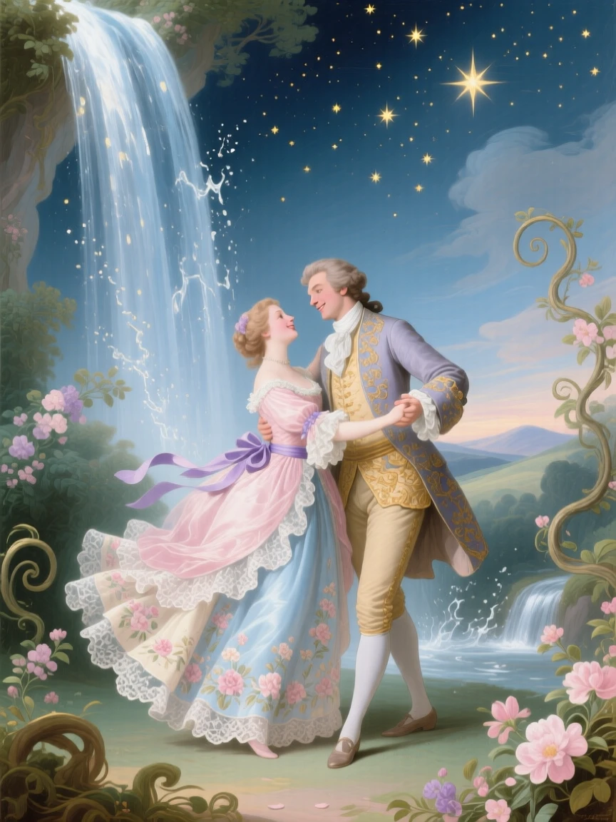 A young couple dancing beneath a waterfall that rises into the stars  