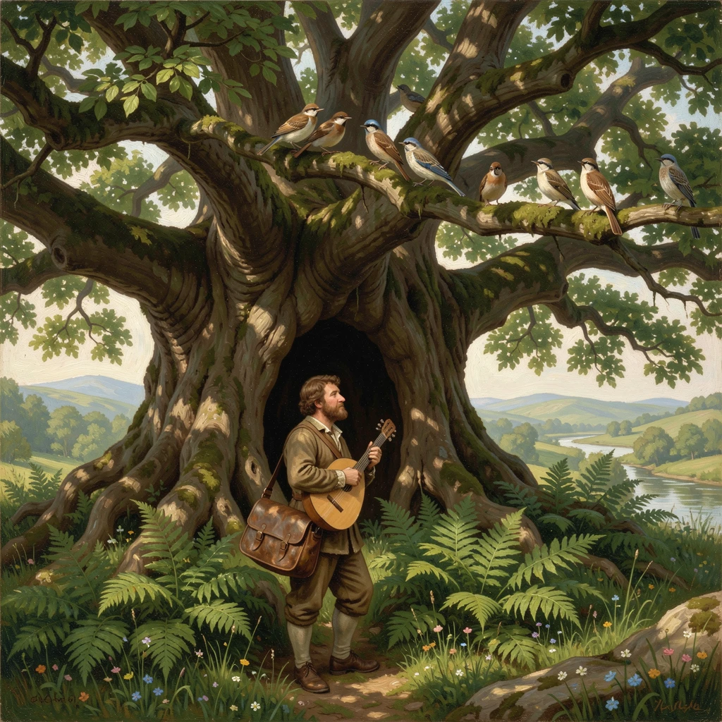 A wandering minstrel hides among the ferns of a hollow beneath an ancient oak while birds call from the branches.
