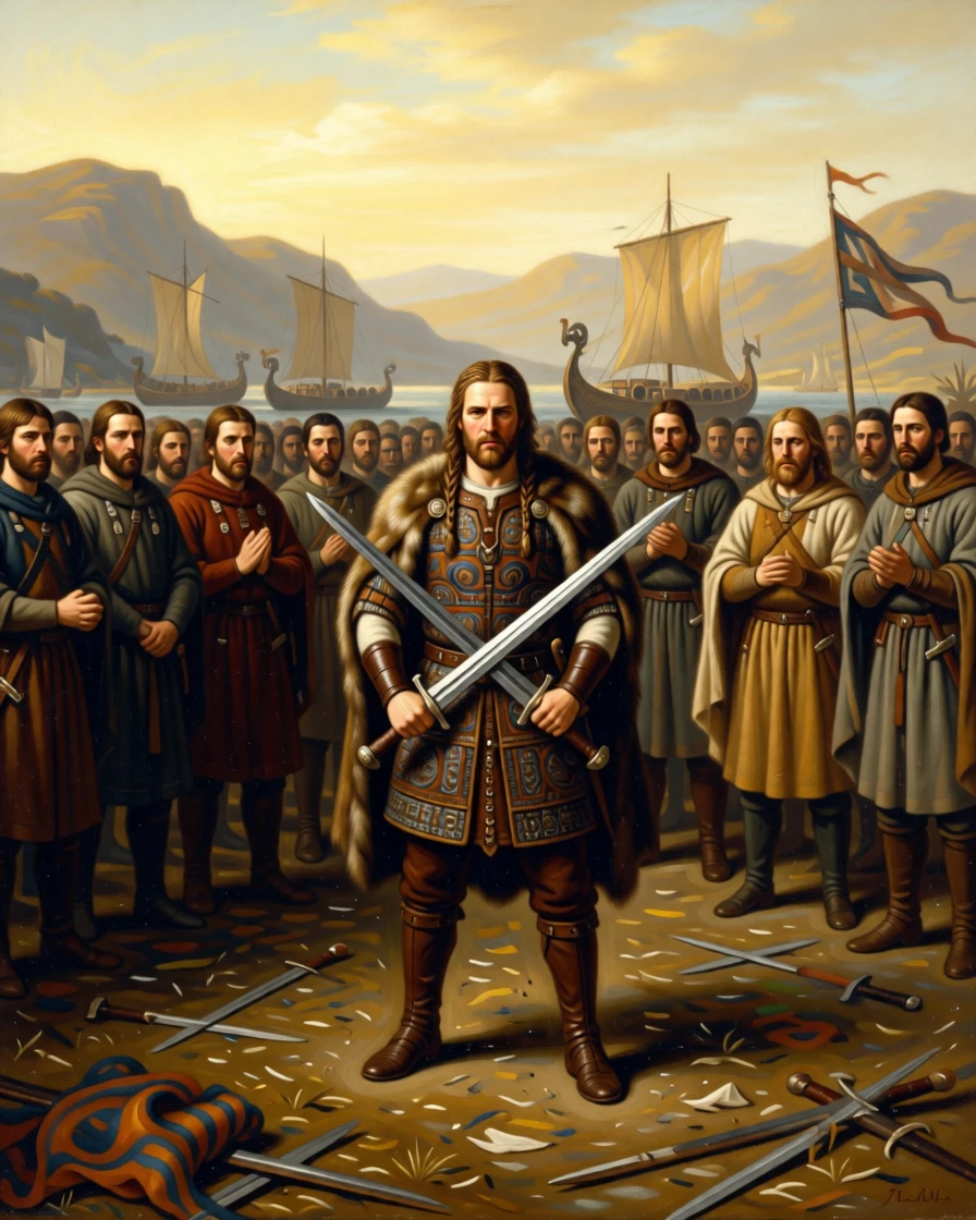 A Viking chieftain swearing an oath over crossed swords with every eye fixed on the unfolding drama, set on a windswept battlefield strewn with fallen standards, with distant ships and mountains fading into a golden haze; the crowd forms a natural frame around the central action, charged with heroic resolve and quiet foreboding.