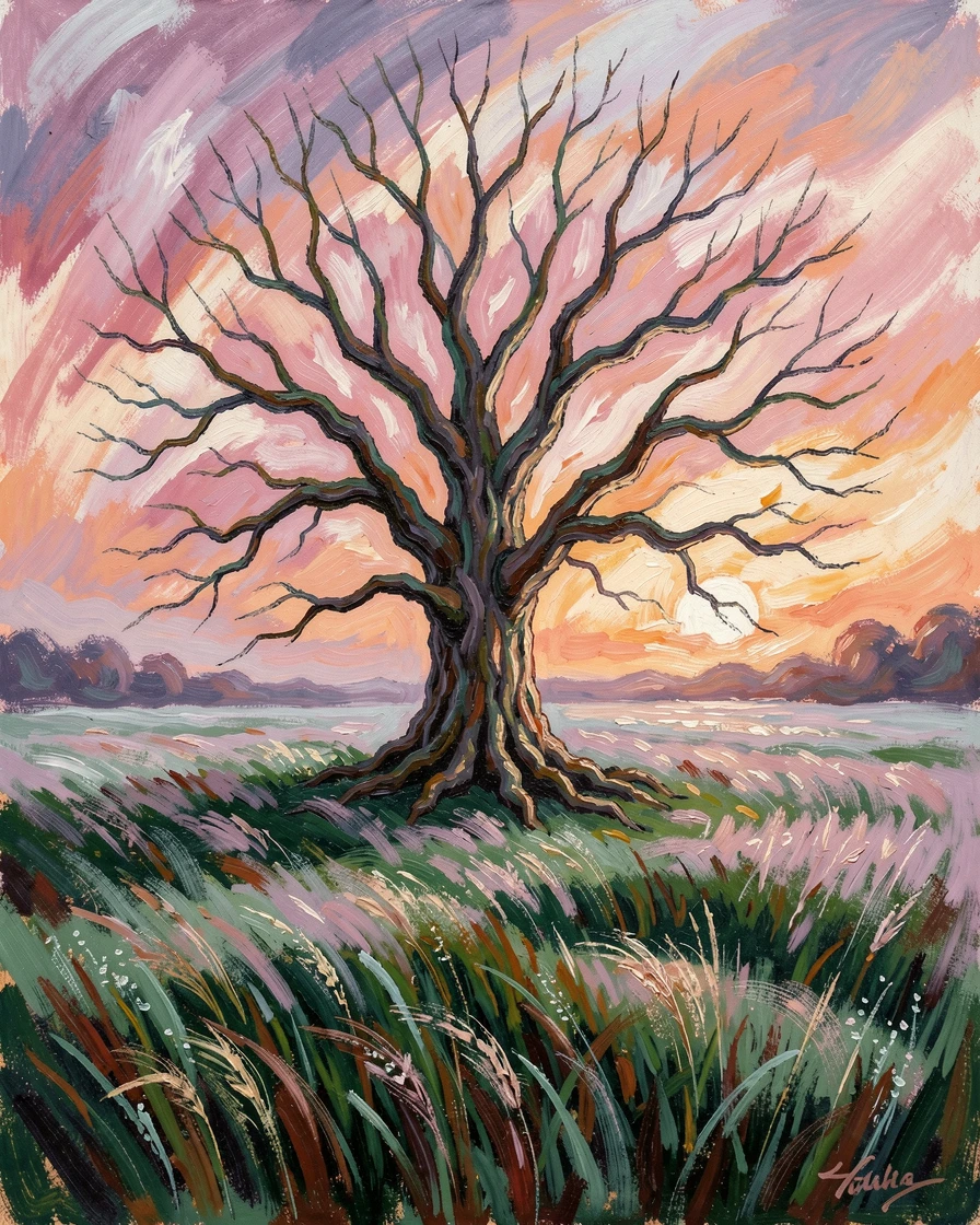 A single tree standing alone in a misty field, its branches reaching toward a soft dawn sky.
