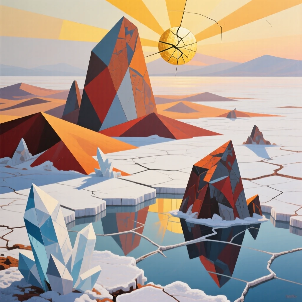 A panoramic view showing a sun-scorched salt flat during a soft misty dawn, in deep winter.