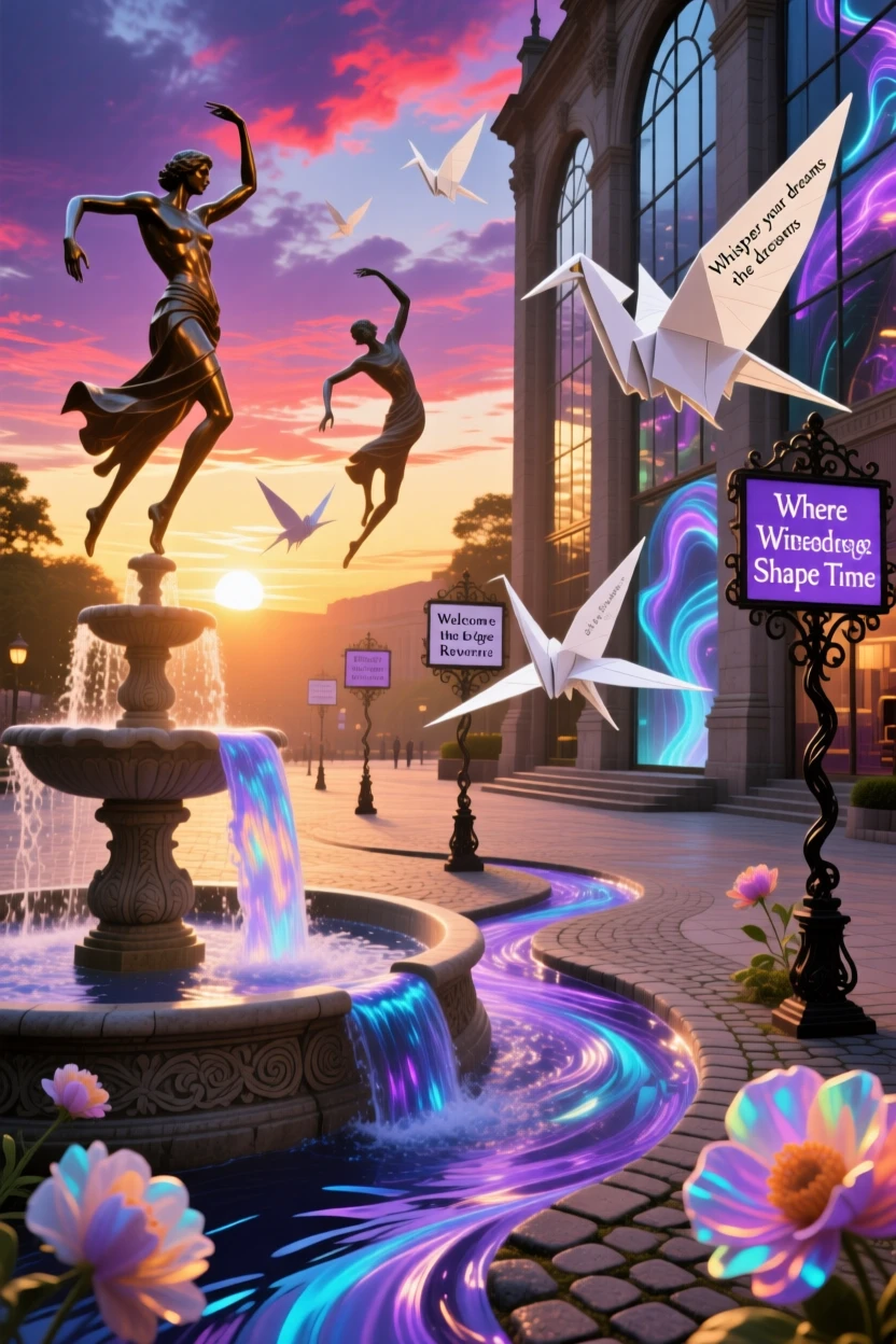 A plaza where fountains flow sideways instead of down leans impossibly against the wind, while birds made of paper drift past its windows.