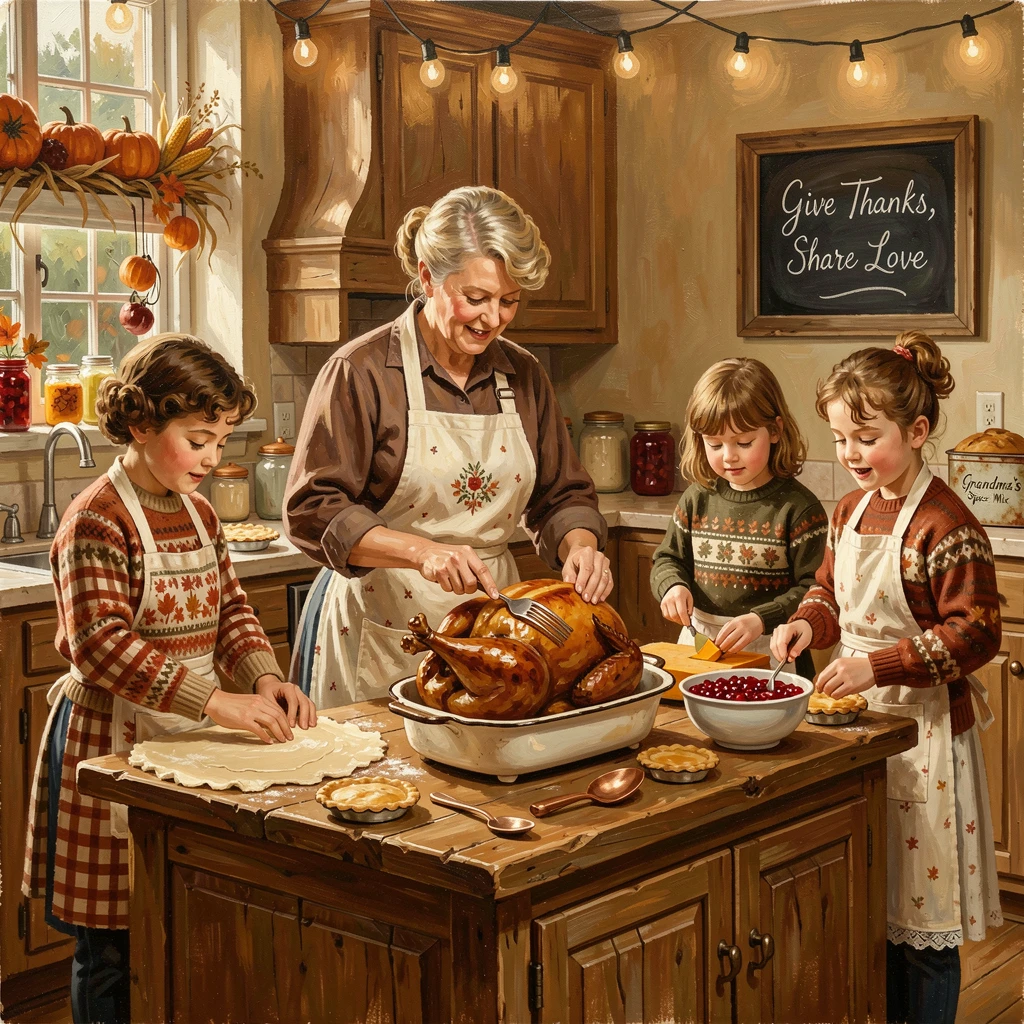 A cozy Thanksgiving kitchen scene shows a family working together, one basting a turkey while others prepare pies and side dishes, small traditional details in costume and decoration rewarding a closer look.