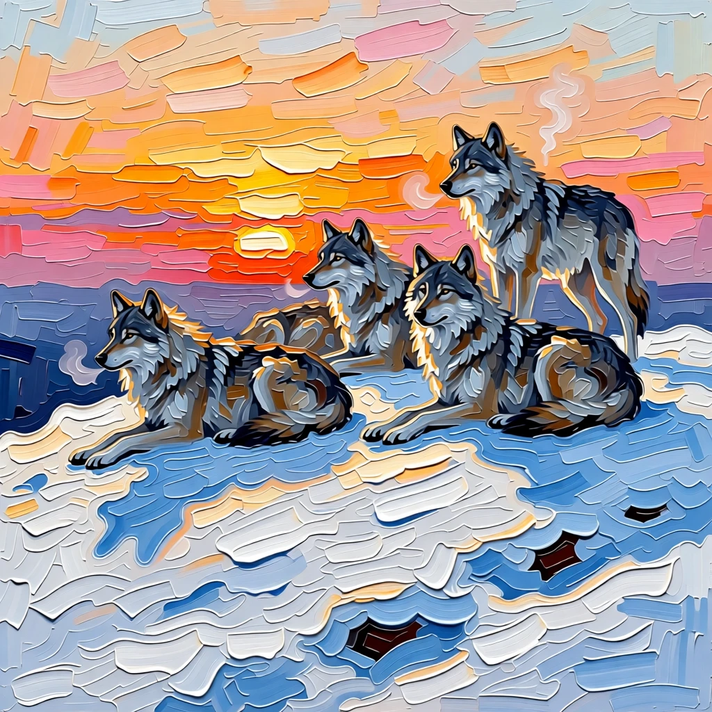 A pack of wolves resting together atop a snowy ridge as the sun rises behind them