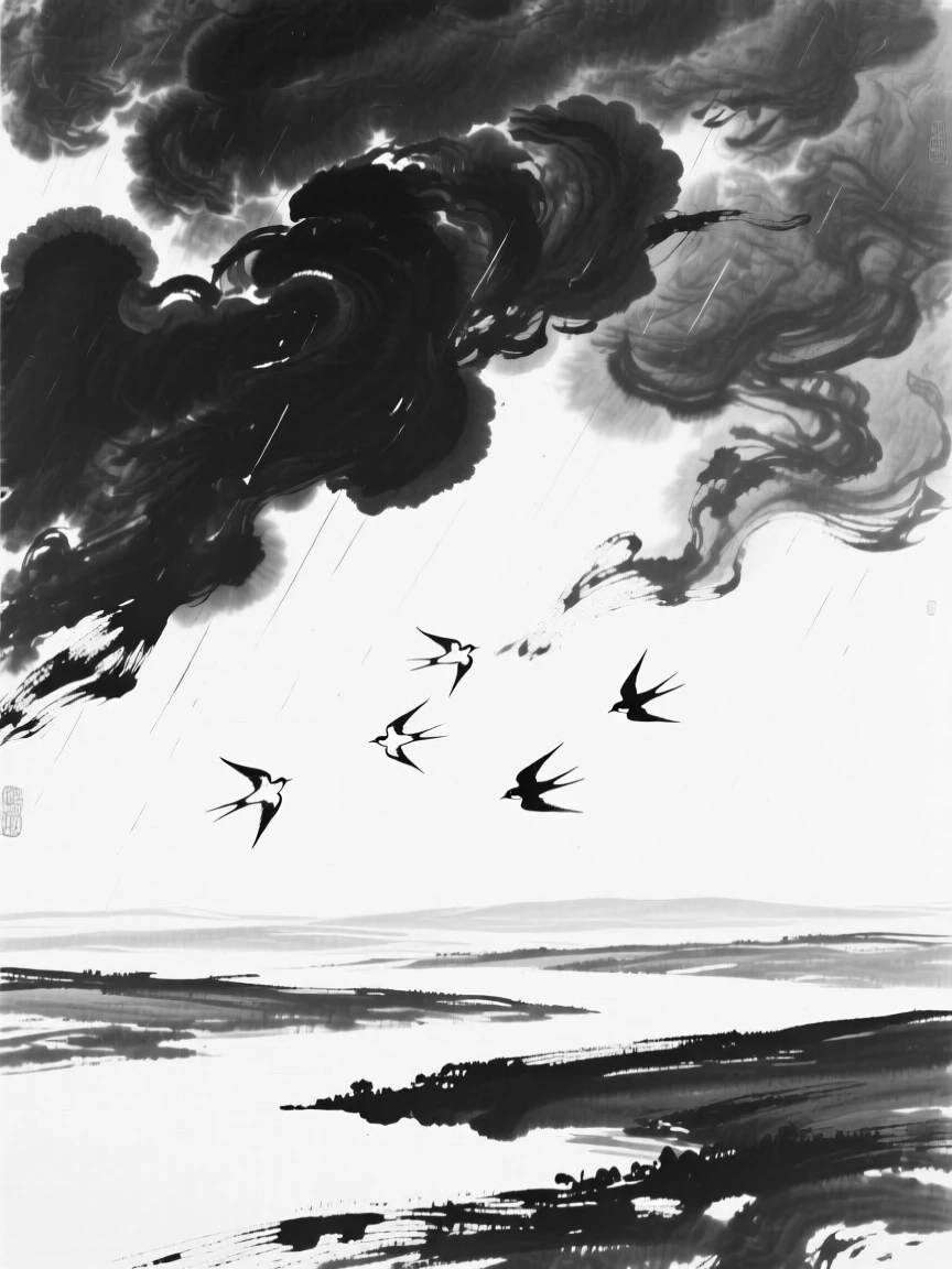 Storm clouds gather ominously over a wide open valley, as birds glide silently through the drifting clouds.