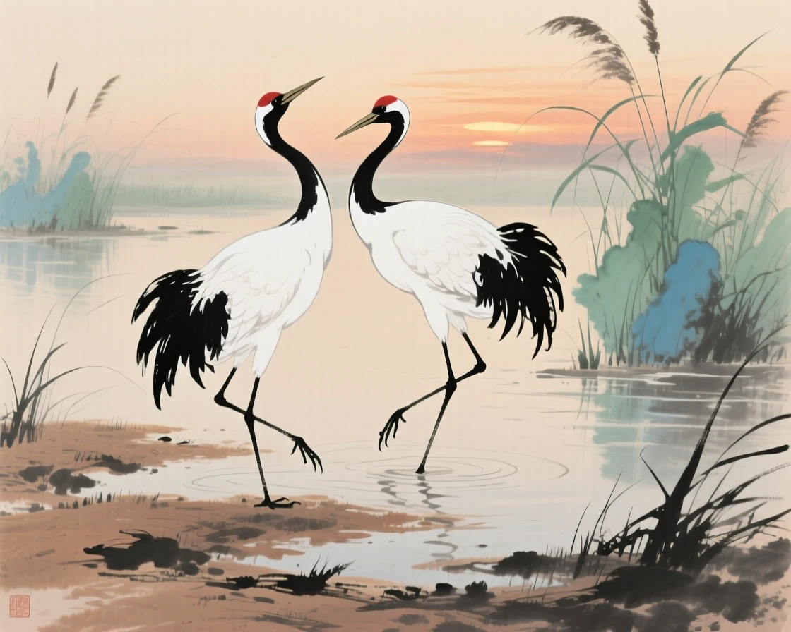 A pair of cranes dancing together in a shallow marsh, at dusk, brimming with peaceful contentment.