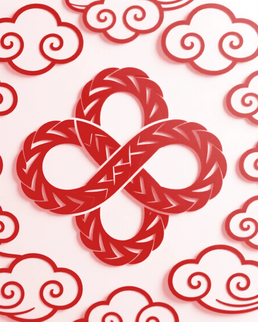 An endless knot of red cord, bordered by a repeating cloud pattern, representing harmony between heaven and earth.