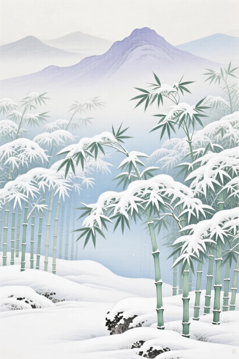 Fresh snow blanketing a bamboo grove in winter silence, with distant mountains fading into soft mist