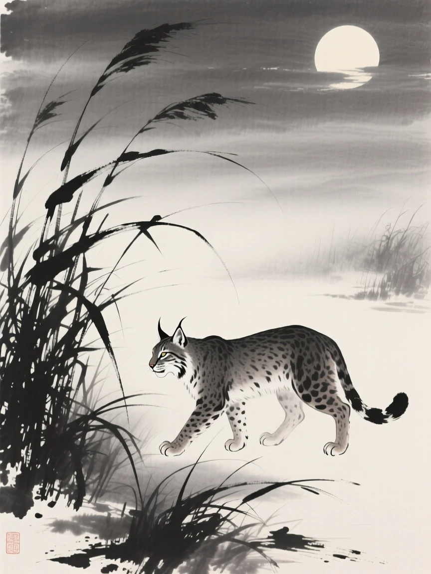 A lynx walking through tall grass at dusk in a moonlit clearing, viewed through a gentle veil of morning mist, conveying quiet strength and natural grace.