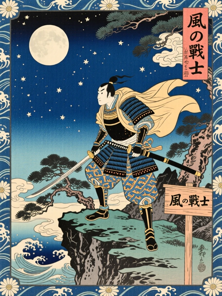 A warrior standing resolute against a fierce wind, on a clear moonless night.