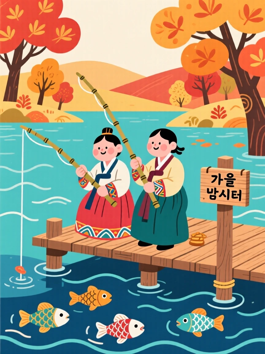 Two friends fishing together from a small wooden dock during a peaceful autumn walk.