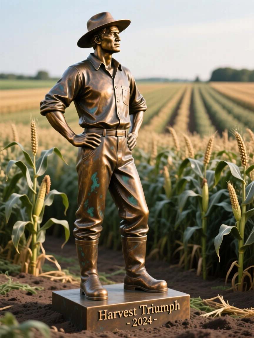 A farmer surveying his harvest, in a moment of quiet triumph, forming a strong central focal point