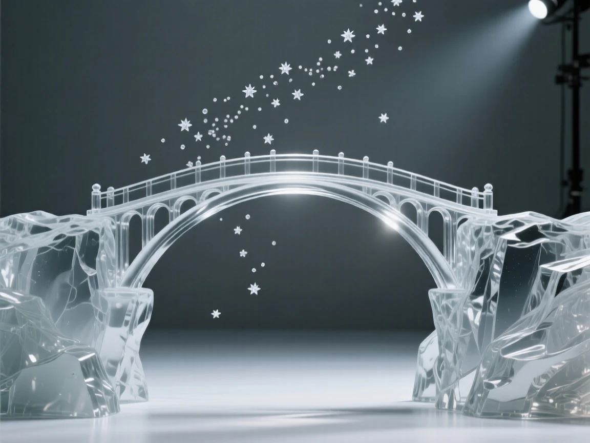 A bridge arching between two cliffs across an open void while small particles drift upward like scattered stars