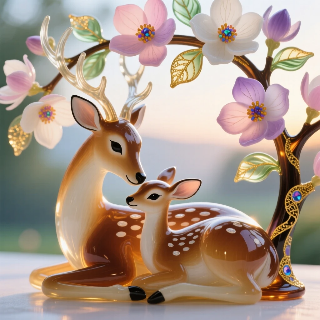 A mother deer and fawn resting beneath a canopy of the most delicate blooming dogwood at the crack of dawn, tender and serene.