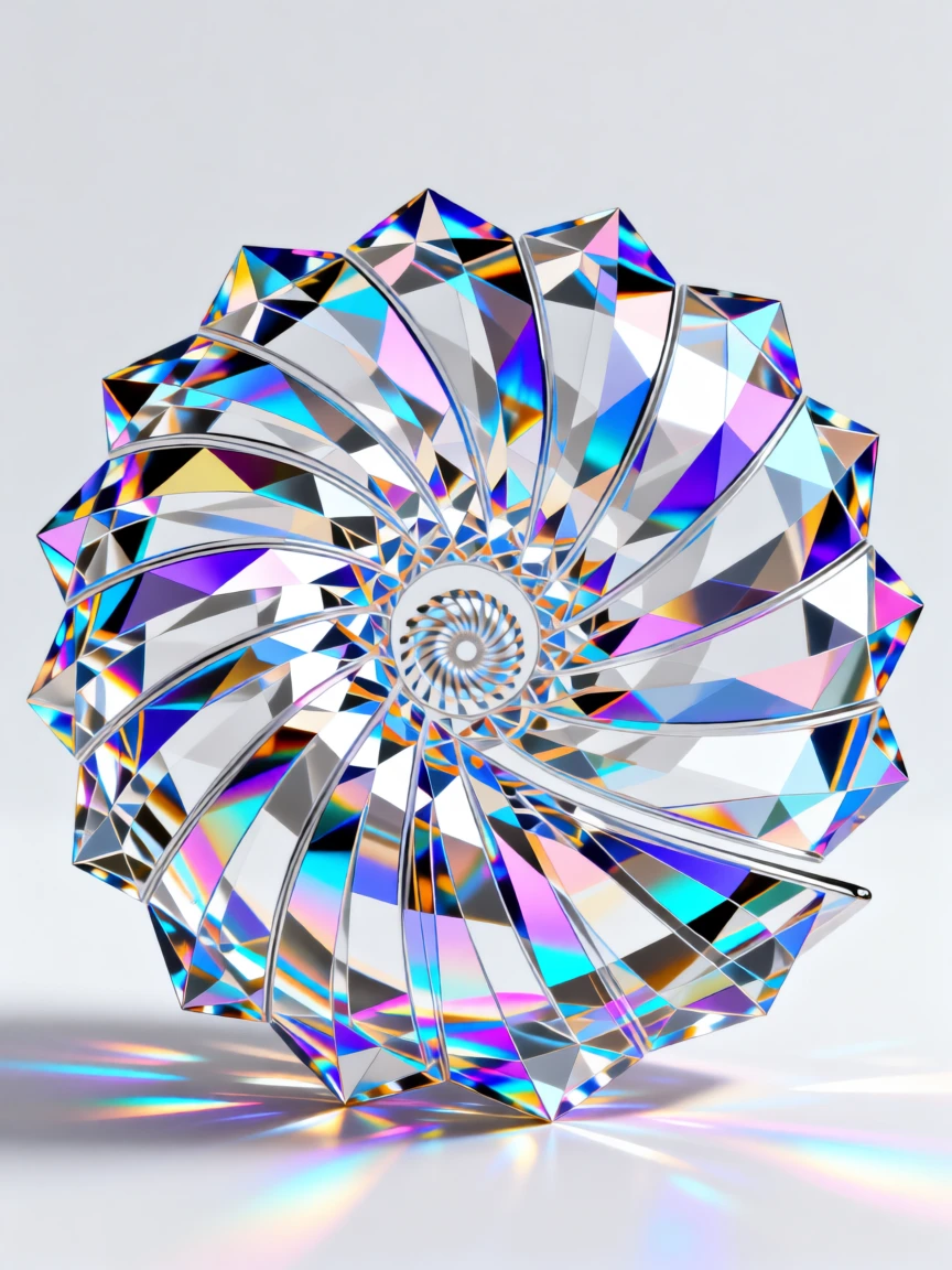 An abstract composition of geometric prisms forming a spiral seashell galaxy.