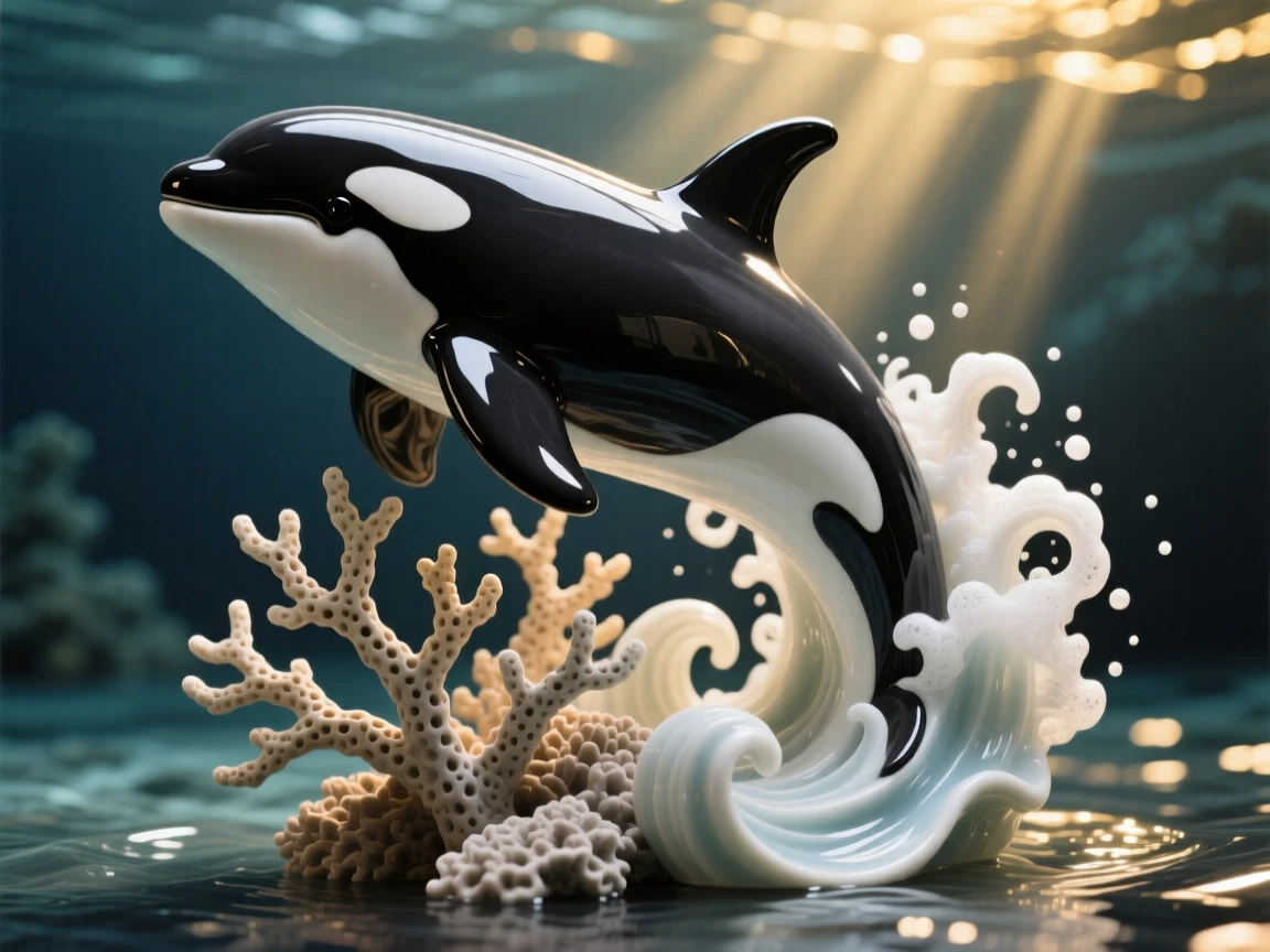 A orca breaching in a spray of foam curled gracefully around swaying coral, with sunlight filtering down in golden shafts, stirring wonder at the mysteries of the deep.
