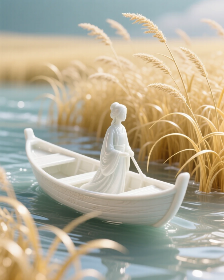 A dreamlike scene of a boat sailing across a sea of tall golden grass, evoking a gentle sense of magic and possibility.