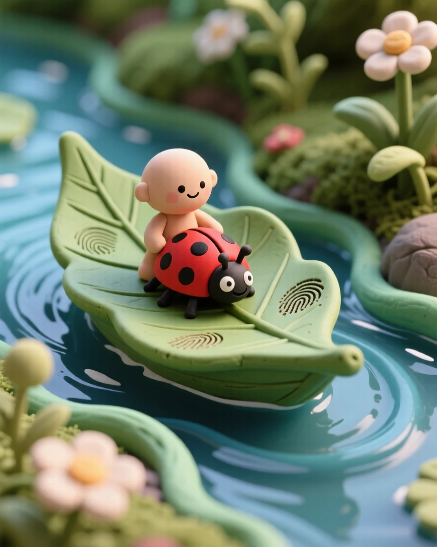 A single leaf boat carrying a ladybug passenger down a garden stream