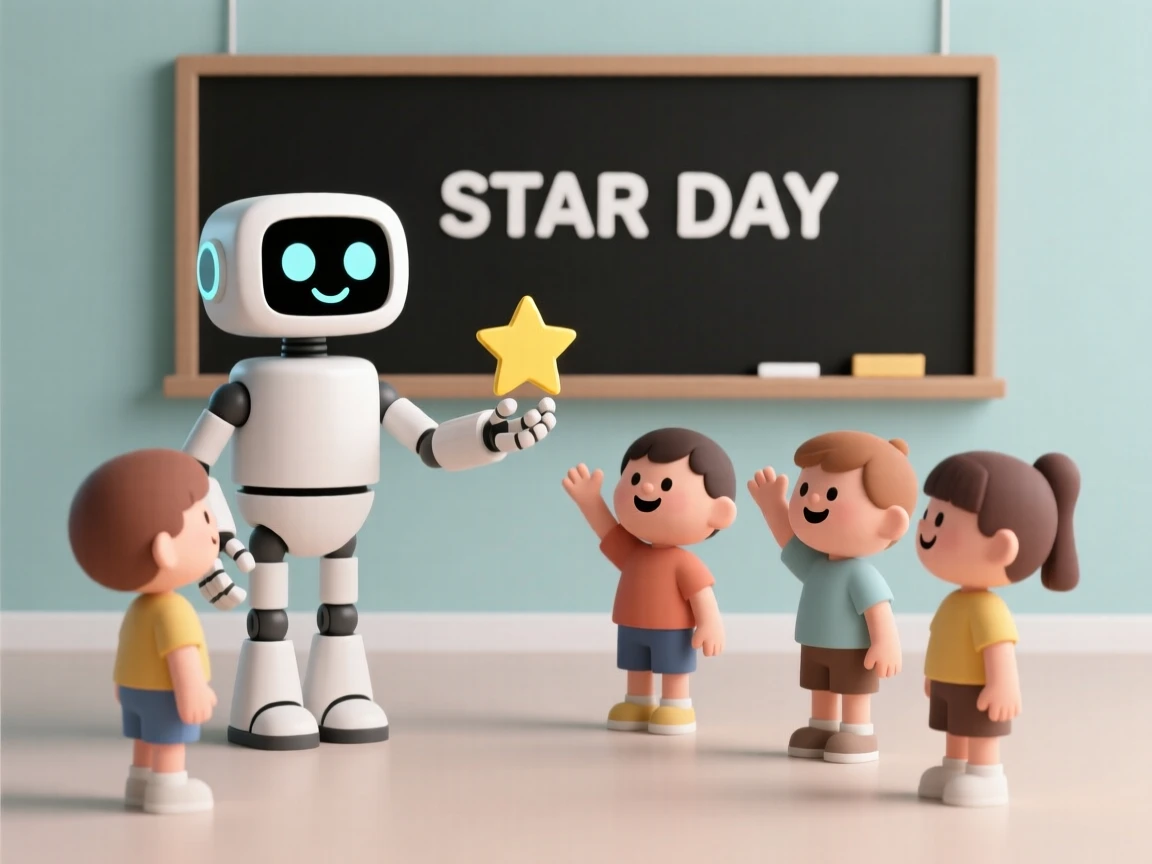A cheerful robot teacher hands out gold star stickers to a classroom of delighted young students.