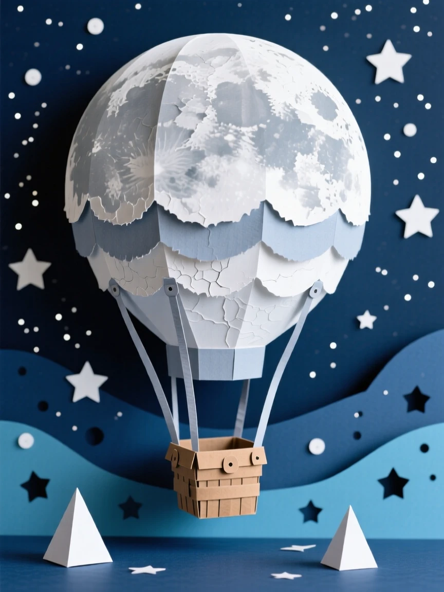 A giant moon-shaped hot air balloon set against a deep starry night sky, with gentle motion suggesting quiet magic, conveying gentle magic and curiosity.