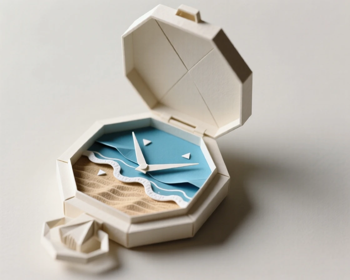 A pocket watch opened to reveal a tiny beach scene with waves gently rolling in.